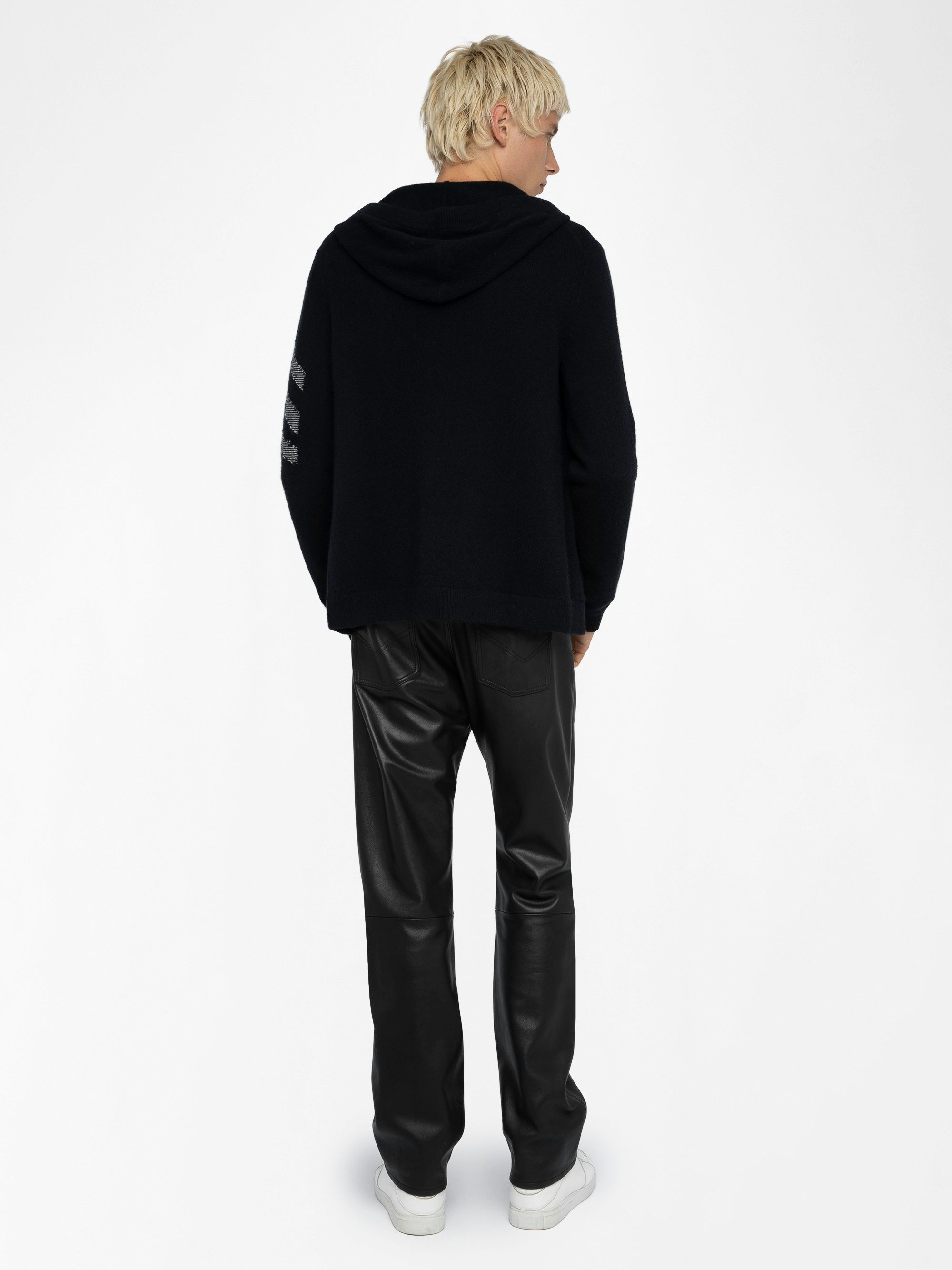 Cardigan Clash 100% Kaschmir - Strickjacke mit Kapuze und Reißverschluss mit Pfeil am Arm.